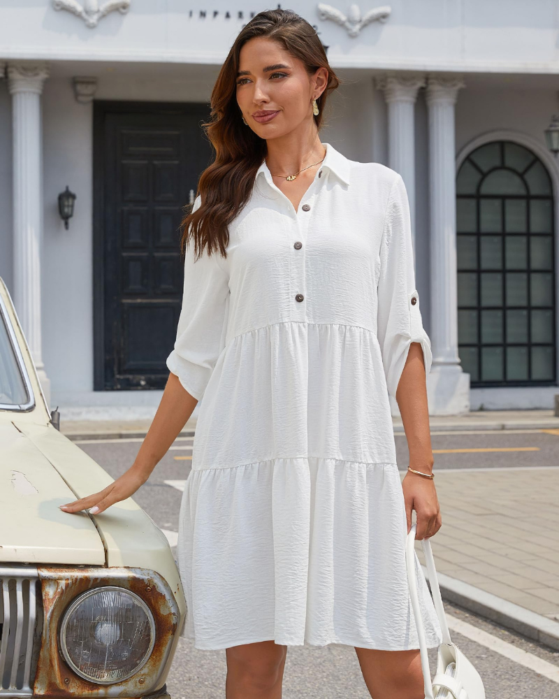 Chloe Women's Dress – Mini A-Line Dress with Buttons, High Waist & Lightweight Fabric