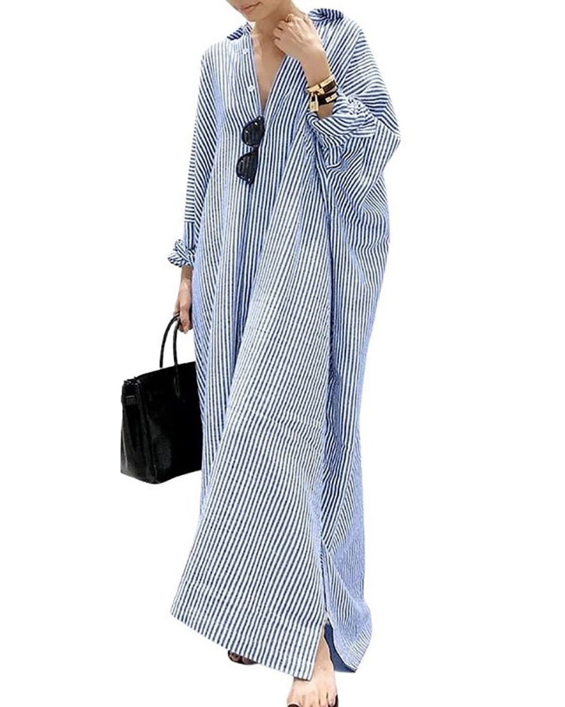 Vestido Maya para mujer – Vestido camisa maxi a rayas con cuello, botones y tela ligera