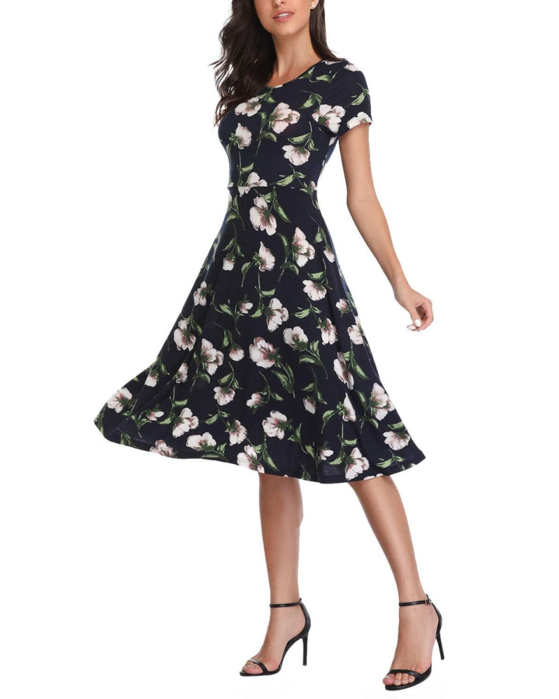 Hannah Abito Mujer – Vestido Floral a la Rodilla con Cuello Redondo, Mangas Cortas y Falda Acampanada