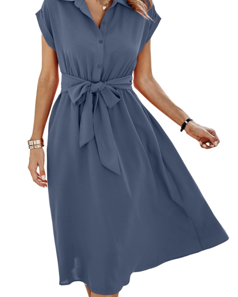 Mia Abito Midi pour Femme – Robe d'Été avec Col en V, Ceinture, Détails Boutonnés et Petites Poches