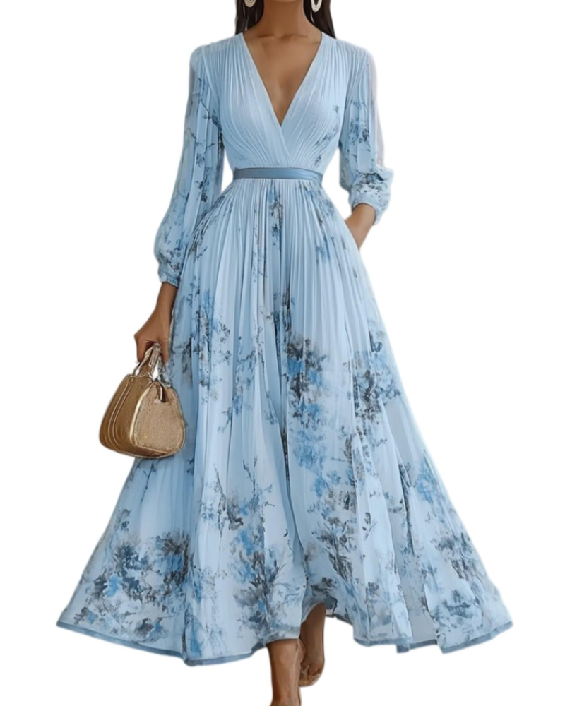 Isabella Vestito Donna Maxi – Abito Floreale in Chiffon con Scollo V & Vita Alta