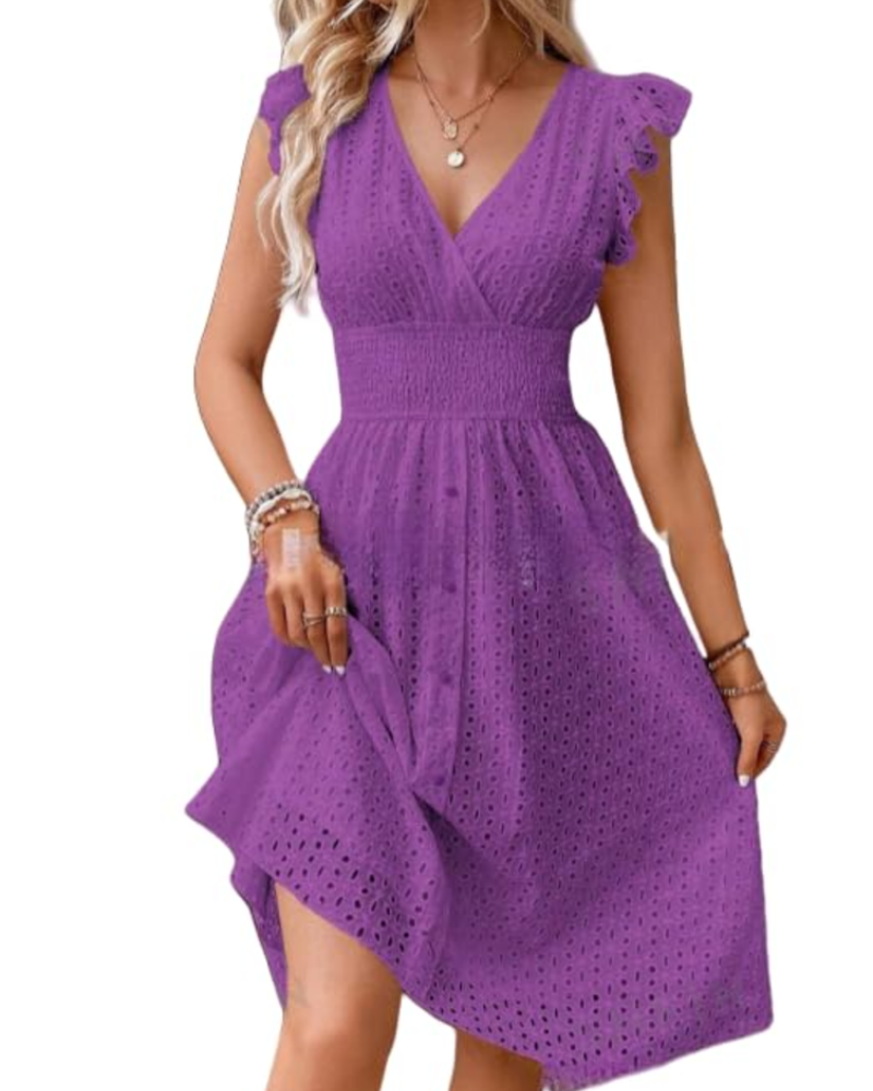Imogen Robe d’été pour femme bohème – Col en V, manches à volants et broderies ajourées