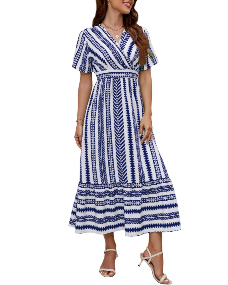Harriet Abito Donna a Righe – Scollo a V, Vita Elasticizzata e Tasche