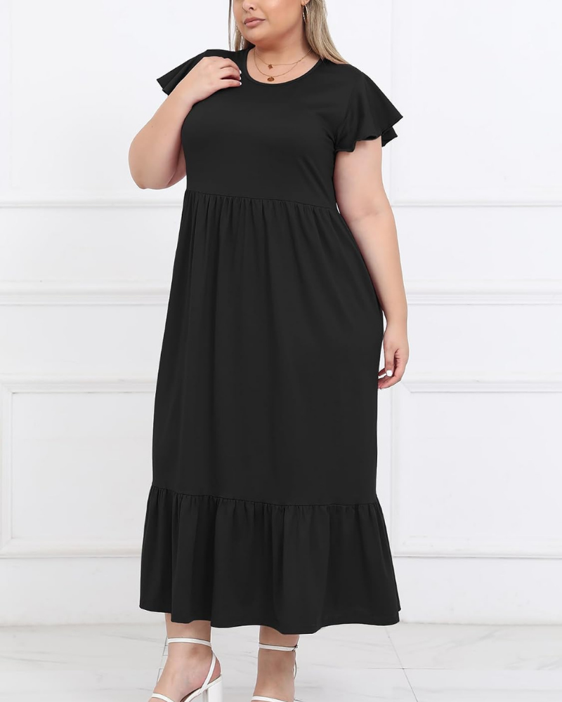 Avery Abito maxi curvy da donna – Vita alta, maniche con volant e tasche laterali