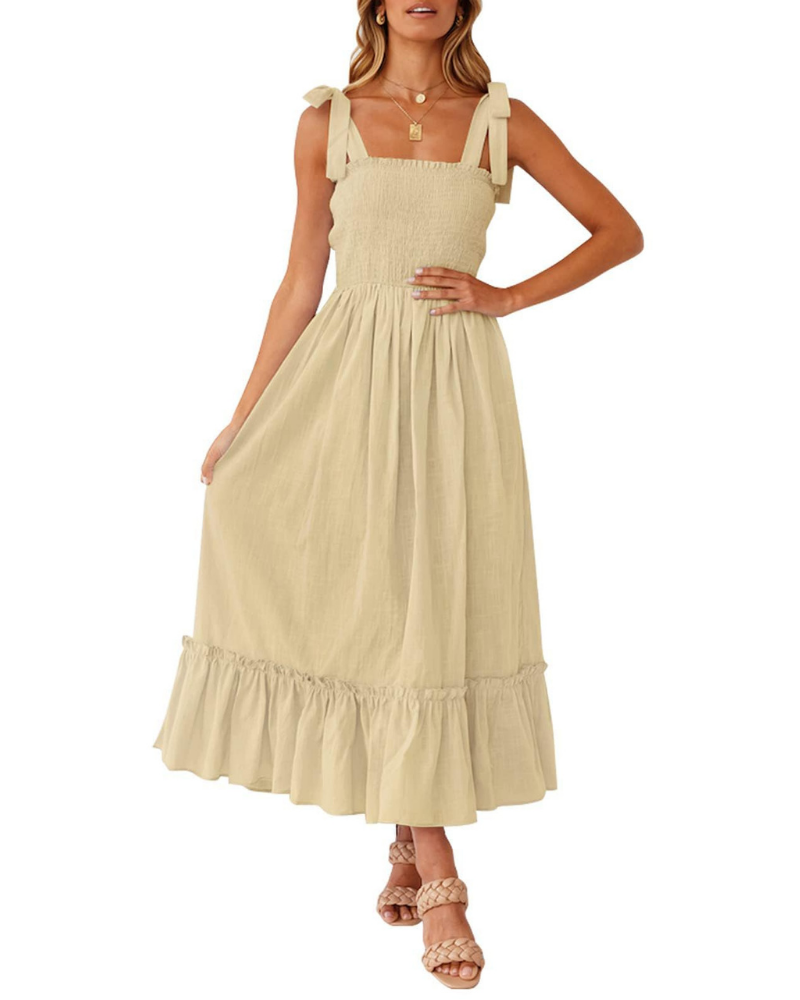 Robe Femme Amelia – Robe Bohème Florale avec Bretelles Nouées, Buste Smocké et Jupe à Volants