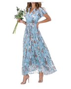 Vestido maxi de mujer Lucinda de gasa – floral, escote en V y mangas con volantes