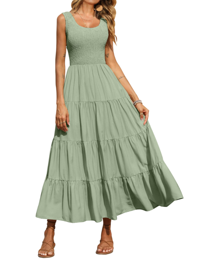 Sophie Abito Donna – Vestito Maxi Smock Senza Maniche con Vita Alta & Gonna a Balze