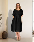 Amelia Women's Midi Dress – Summer Cotton Dress with Short Sleeves, High Waist & Pockets