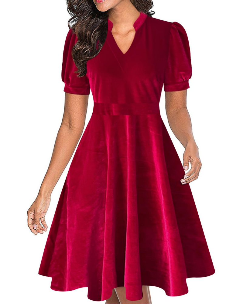 Bella Vestido Mujer – Vestido de Negocios Línea A con Escote en V, Mangas Abullonadas y Bolsillos