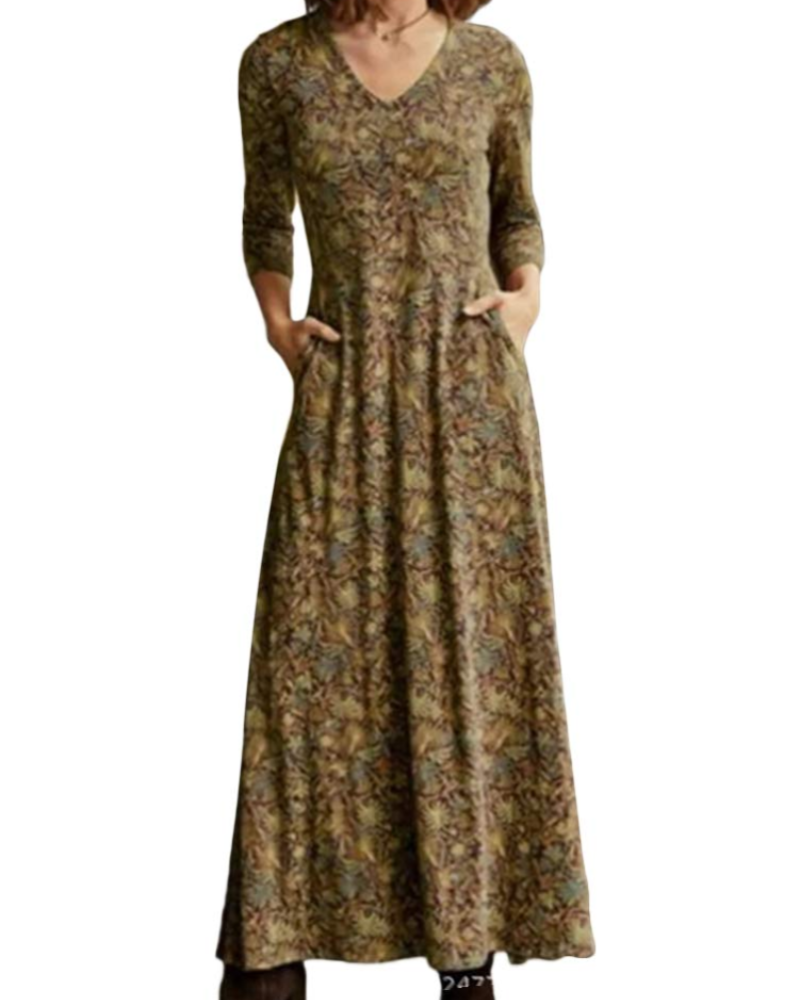 Holly Abito Maxi Donna – Vestito Boho Floreale con Scollo a V, Maniche Lunghe e Tasche