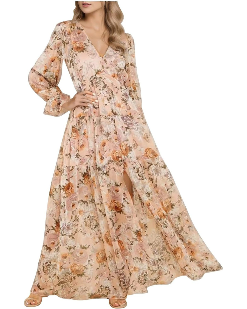 Robe longue Courtney Abito pour femme – Robe fleurie en chiffon avec décolleté en V et drapé