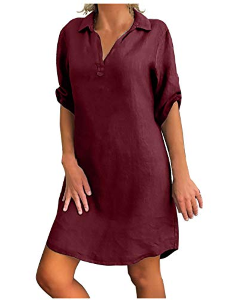Matilda Women's Linen and Cotton Dress – V-Neck, A-Line, and Short Sleeves
