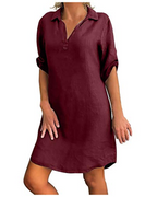 Matilda Women's Linen and Cotton Dress – V-Neck, A-Line, and Short Sleeves