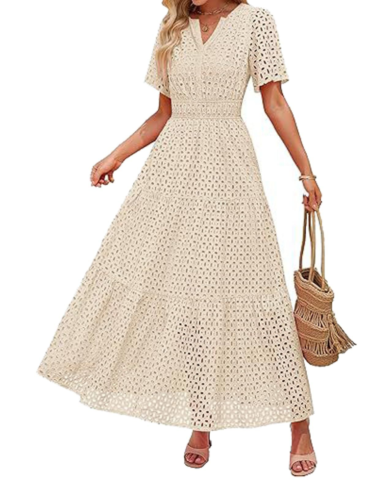 Sophia Vestito Donna Maxi – Abito Estivo in Cotone con Ricamo, Scollo V & Tasche