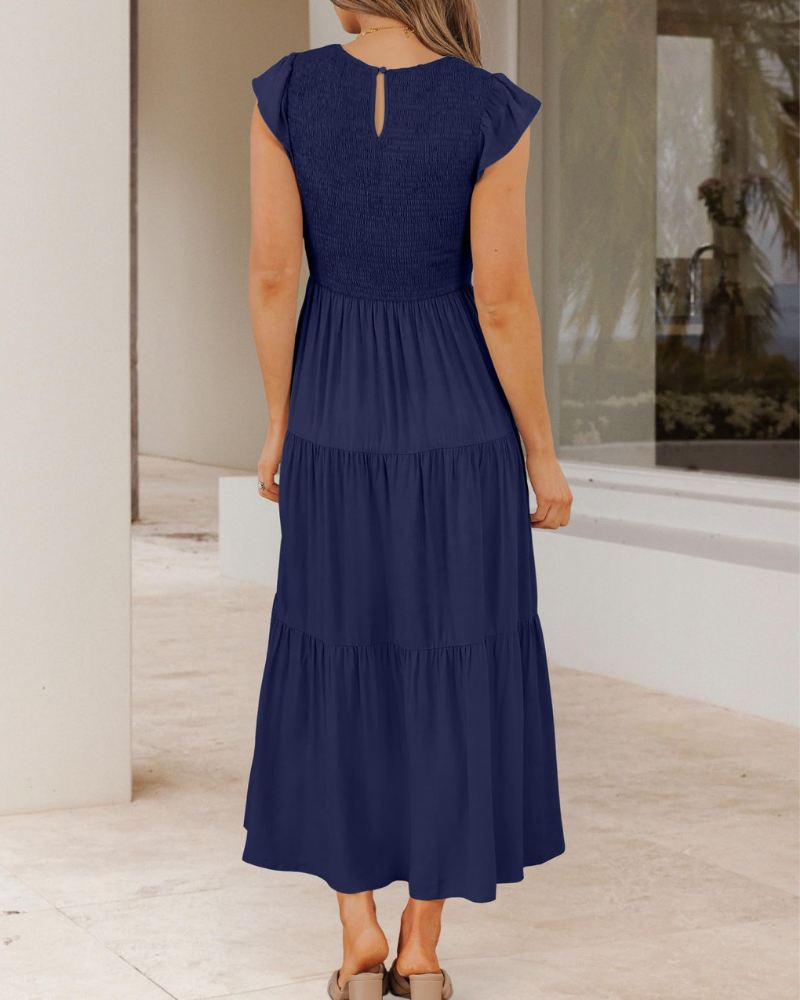 Grace Abito Mujer – Vestido Midi Cottagecore con Busto Fruncido, Mangas Volantes y Falda con Volantes