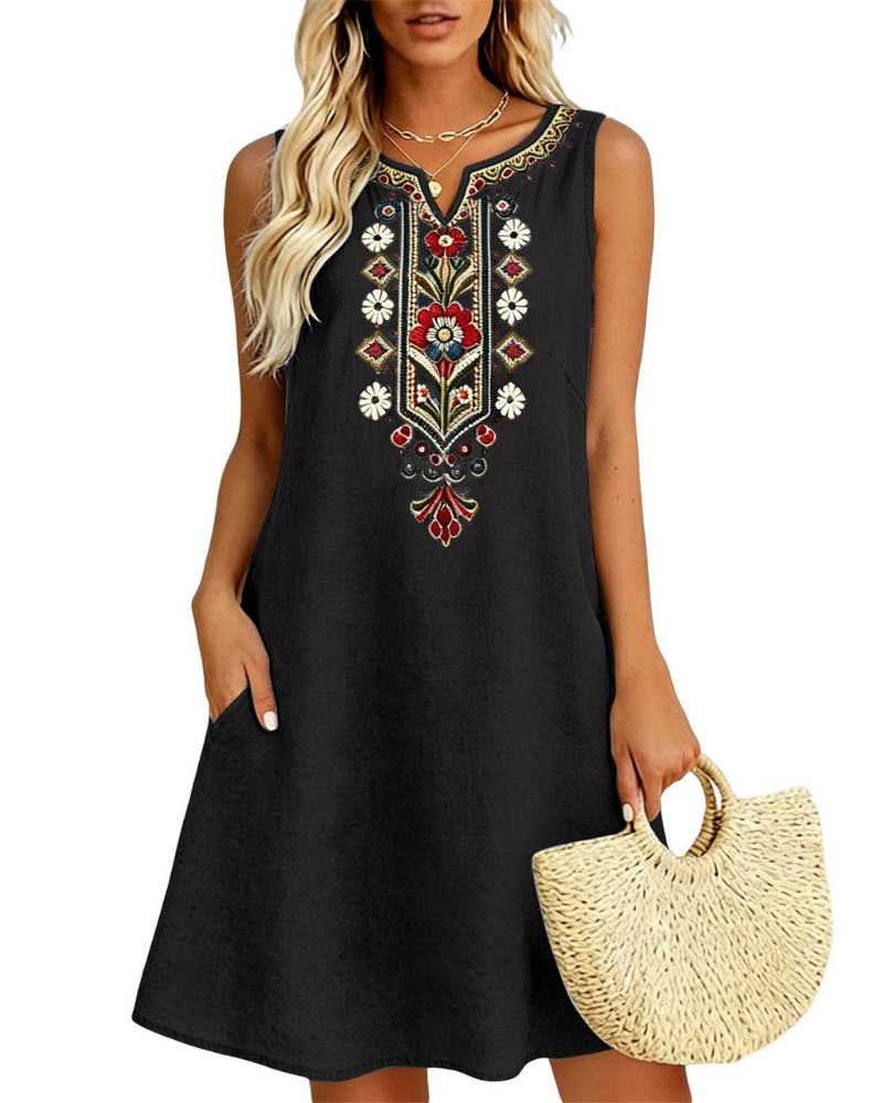 Sienna langes Sommerkleid für Damen – Baumwolle und Leinen, A-Linie und Seitentaschen