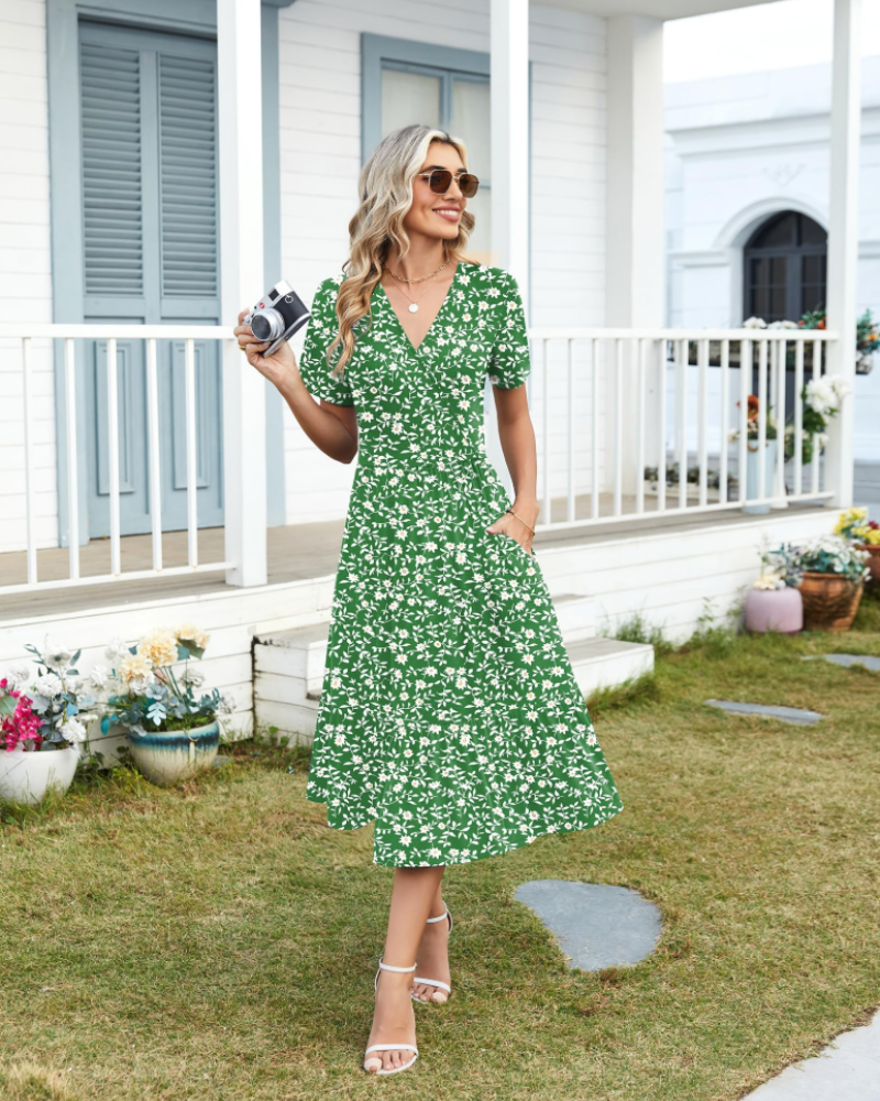 Heather Abito midi dame med blomstermønster – V-hals, høyt liv, korte ermer og lommer