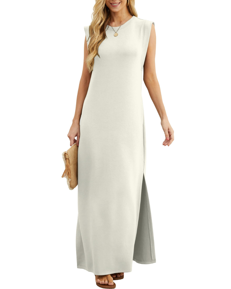 Emily Abito Mujer – Vestido Maxi de Verano Sin Mangas con Cuello Redondo, Bolsillos y Ajuste Fluido