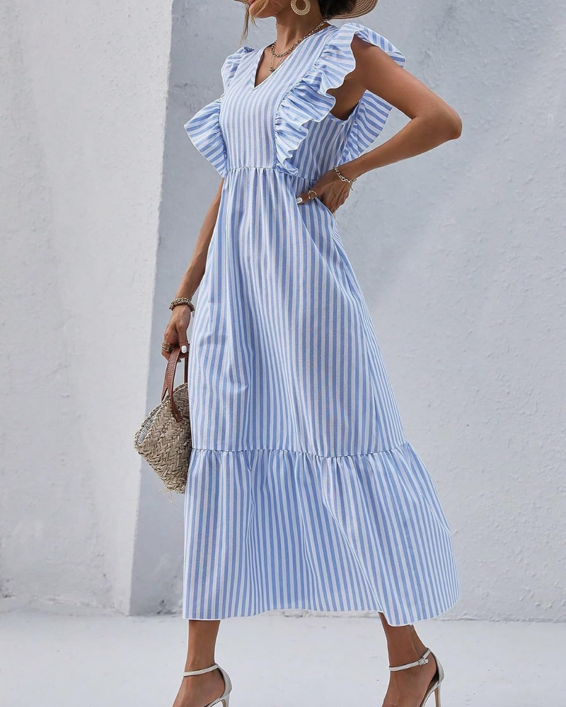Robe longue femme Madeline Abito – Rayures bleues et blanches, volants, col en V et jupe à volants