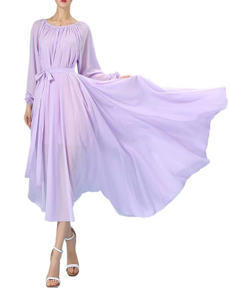 Victoria Abito Donna – Vestito Maxi con Maniche Lunghe Flowy, Girocollo & Cintura in Vita