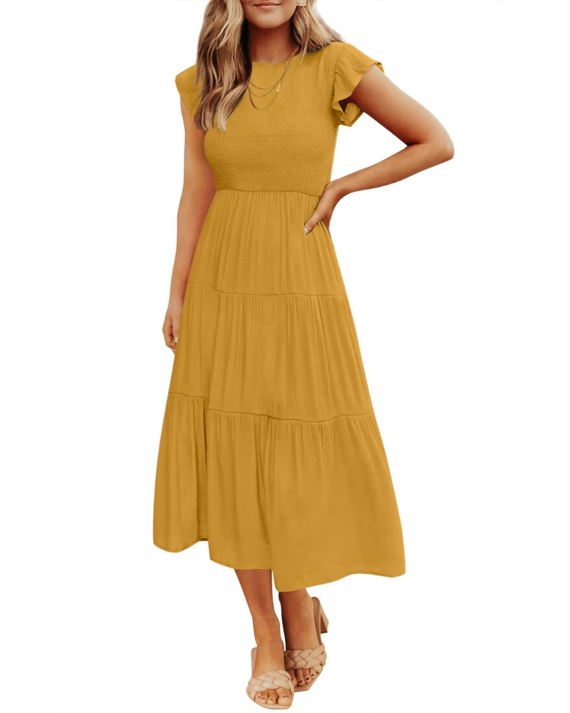 Grace Abito Mujer – Vestido Midi Cottagecore con Busto Fruncido, Mangas Volantes y Falda con Volantes