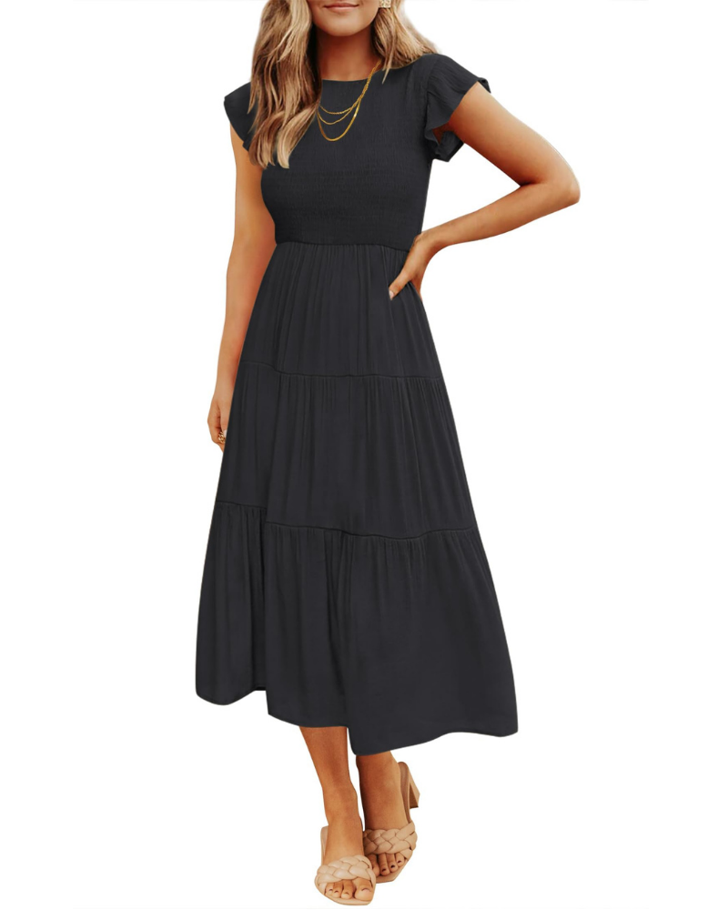 Grace Abito Mujer – Vestido Midi Cottagecore con Busto Fruncido, Mangas Volantes y Falda con Volantes