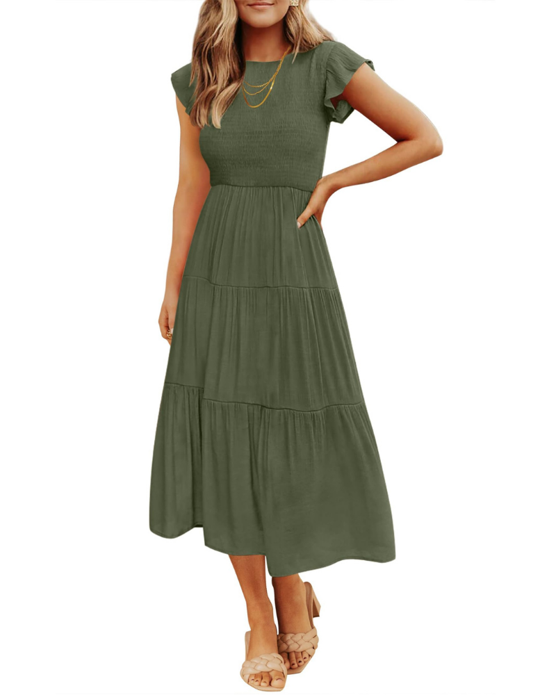 Grace Abito Mujer – Vestido Midi Cottagecore con Busto Fruncido, Mangas Volantes y Falda con Volantes