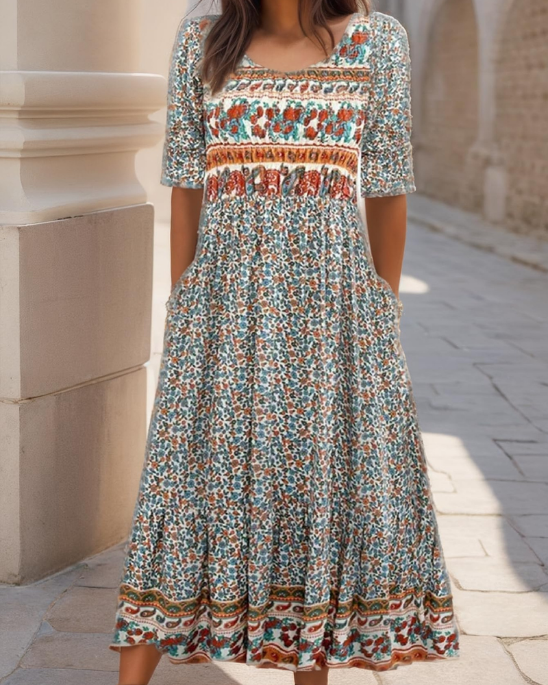 Marlowe Robe midi pour femme – imprimé floral, encolure carrée, poches et coupe évasée