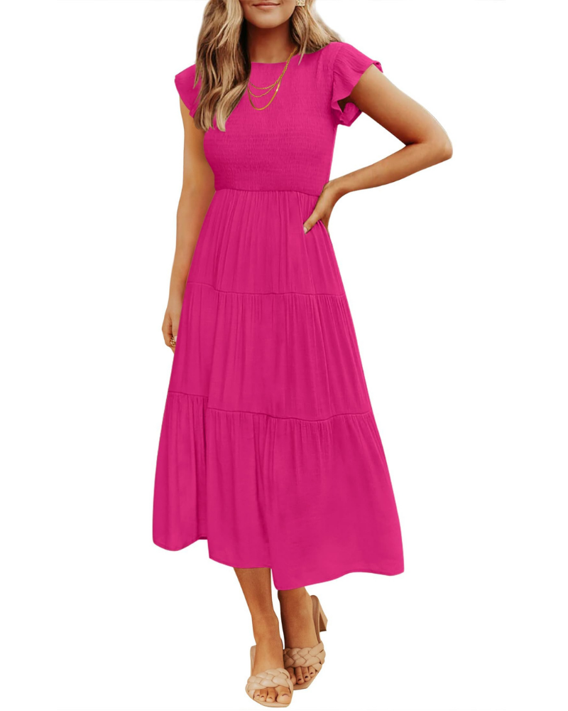 Grace Abito Mujer – Vestido Midi Cottagecore con Busto Fruncido, Mangas Volantes y Falda con Volantes