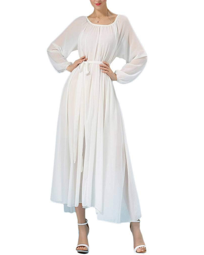 Victoria Abito Donna – Vestito Maxi con Maniche Lunghe Flowy, Girocollo & Cintura in Vita