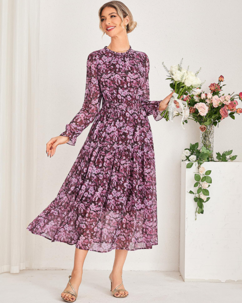 Bianca Damen Maxikleid – A-Linien Kleid aus Chiffon mit langen Ärmeln und Taschen