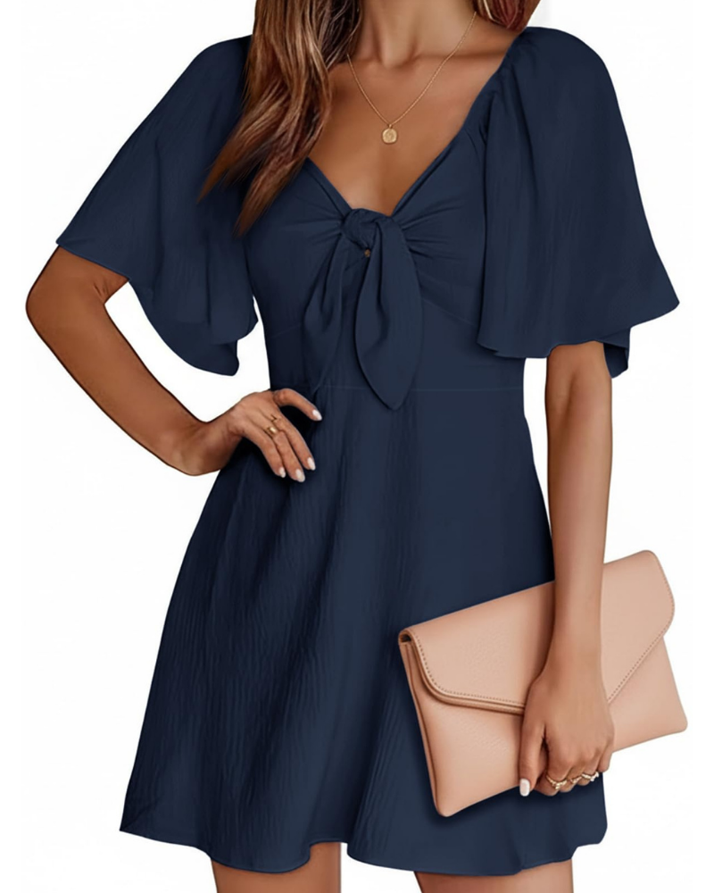Vanessa Damen-Minicocktailkleid – Tiefer V-Ausschnitt, Volants, Schleife und A-Linie