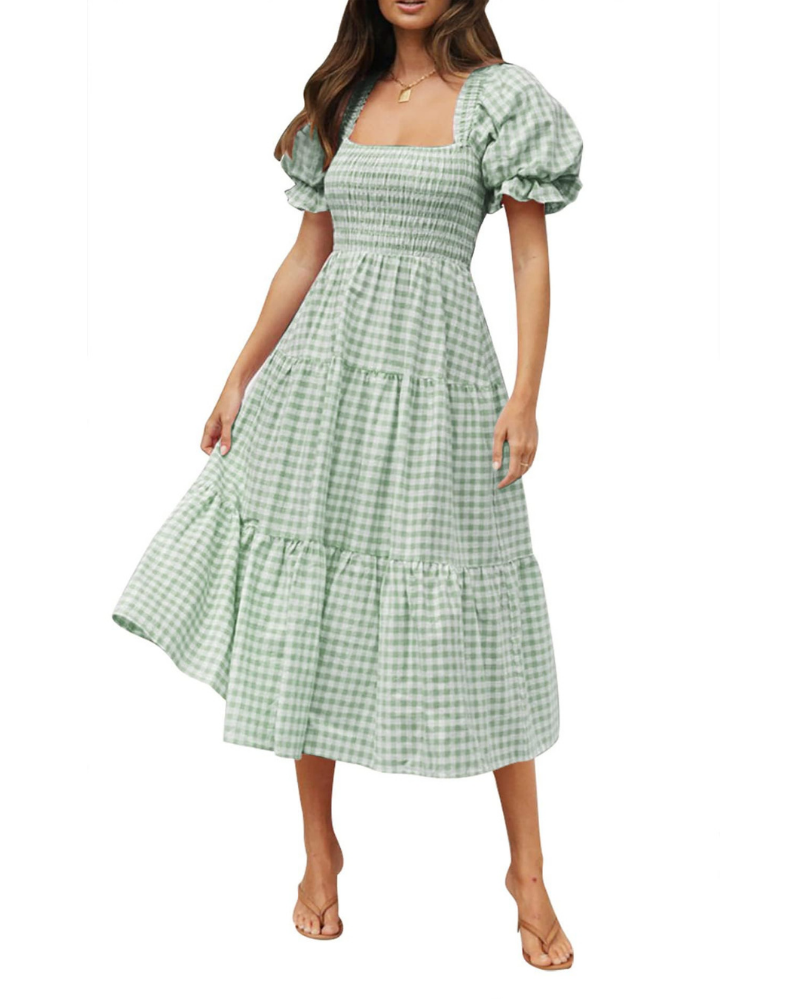 Scarlett Abito Donna – Vestito Midi con Scollo Quadrato, Maniche Puff & Gonna a Volant