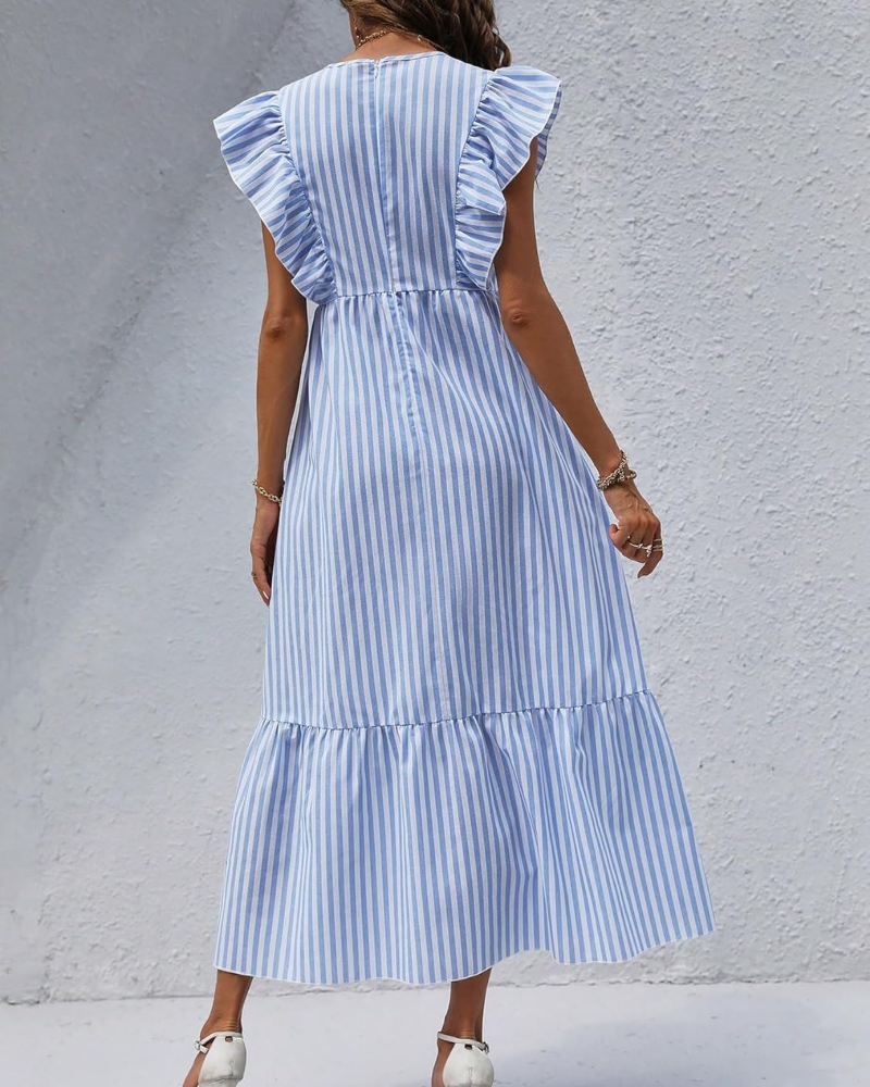 Robe longue femme Madeline Abito – Rayures bleues et blanches, volants, col en V et jupe à volants