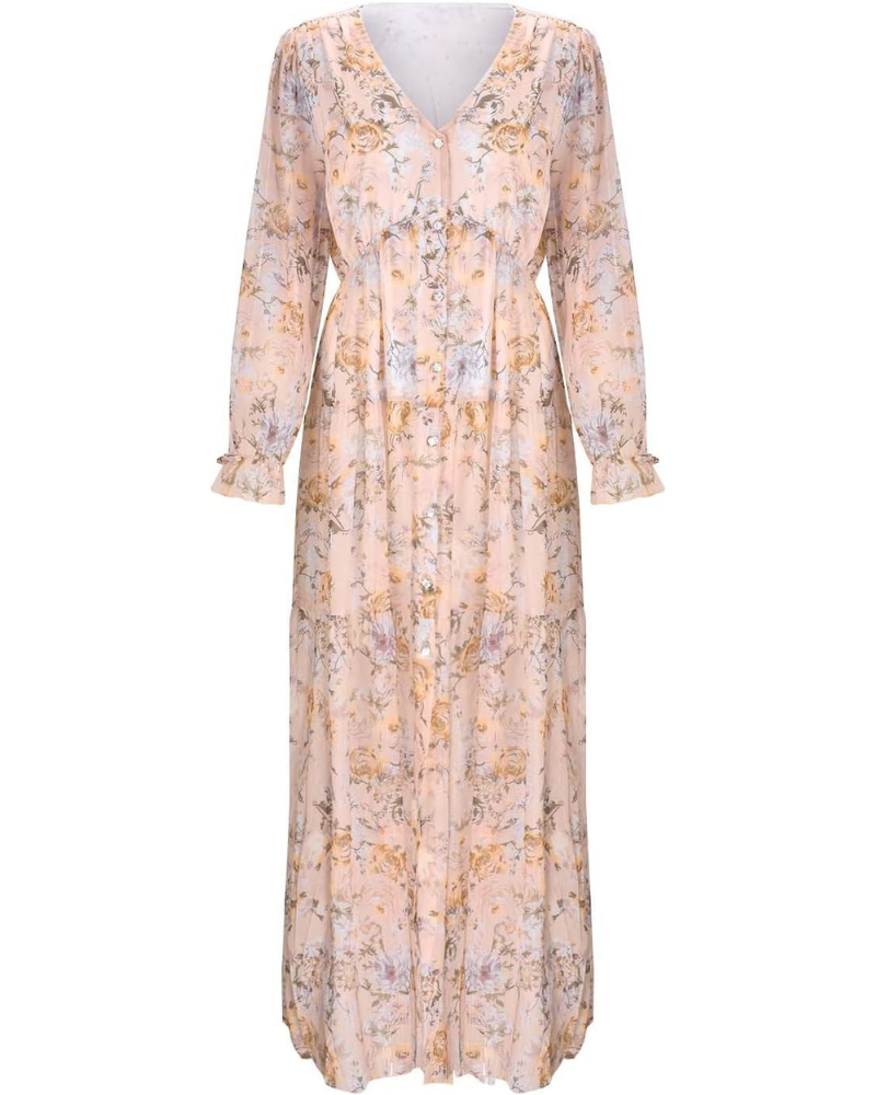 Robe longue Courtney Abito pour femme – Robe fleurie en chiffon avec décolleté en V et drapé