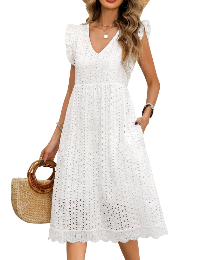Robe midi Ottilie pour femme en coton – col en V, manches bouffantes et poches