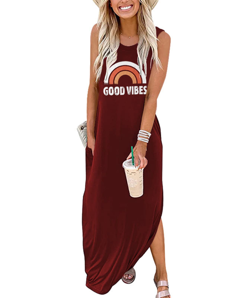 Wilhelmina Abito Maxi Donna Estivo – Senza Maniche, Tasche e Stampa Good Vibes