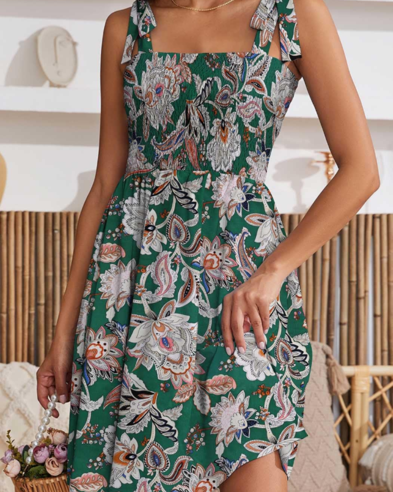 Claire Women's Summer Dress – A-Line Dress with Floral Print, Square Neckline & Thin Straps