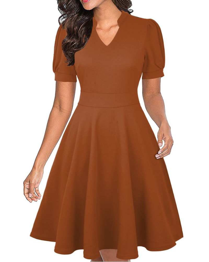 Bella Vestido Mujer – Vestido de Negocios Línea A con Escote en V, Mangas Abullonadas y Bolsillos