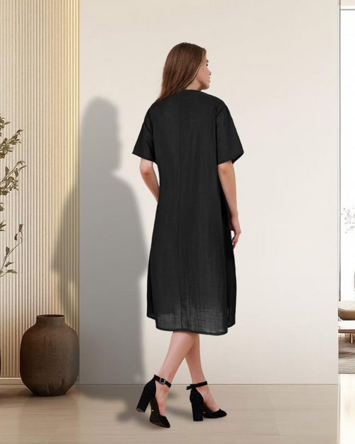 Amelia Vestido Midi para Mujer – Vestido de Verano de Algodón con Mangas Cortas, Cintura Alta y Bolsillos