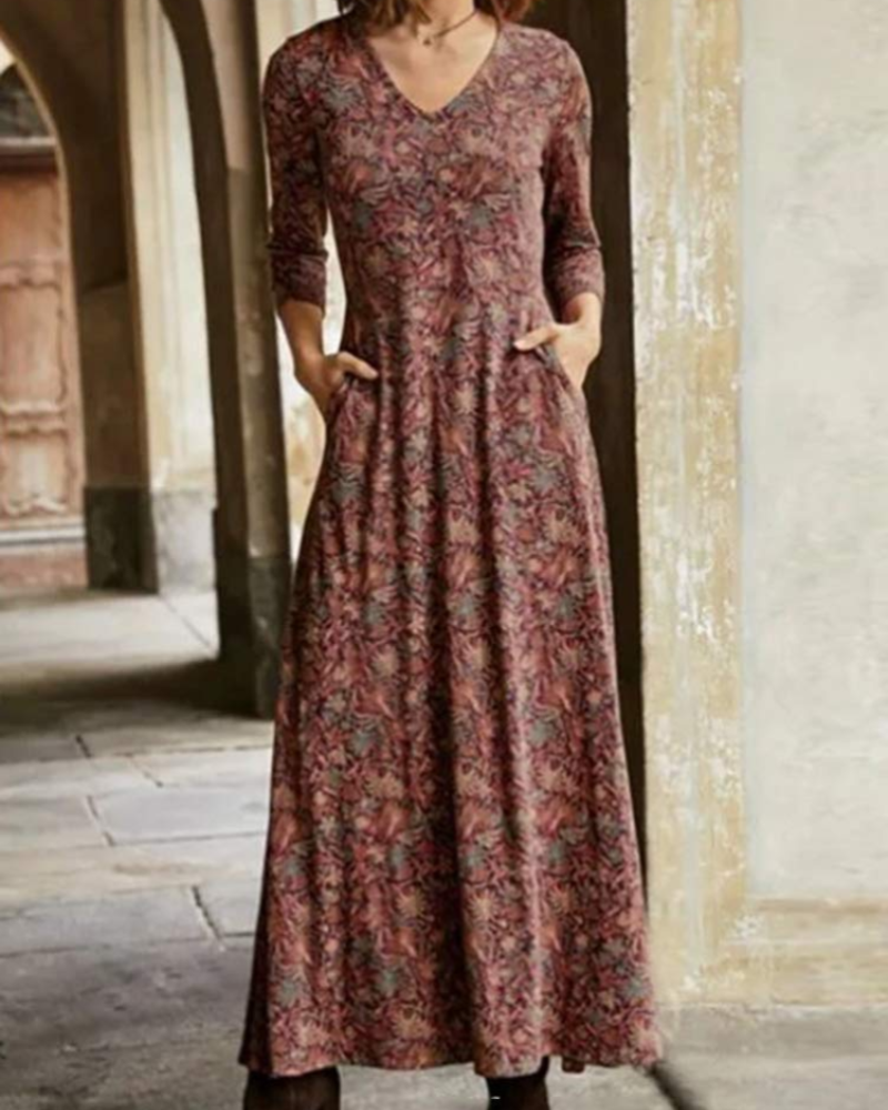 Holly Abito Maxi Donna – Vestito Boho Floreale con Scollo a V, Maniche Lunghe e Tasche