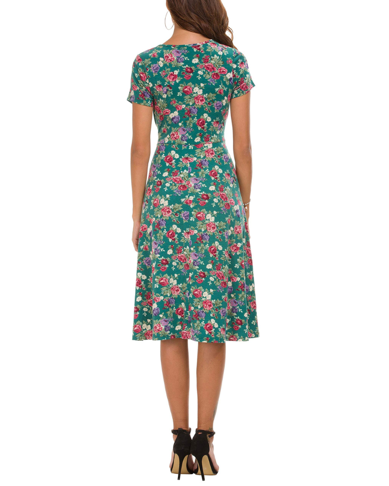Hannah Abito Donna – Vestito Floreale al Ginocchio con Girocollo, Maniche Corte & Gonna Flare
