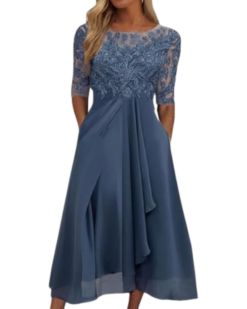 Victoria Vestito Donna Midi – Abito in Pizzo e Chiffon con Mezze Maniche