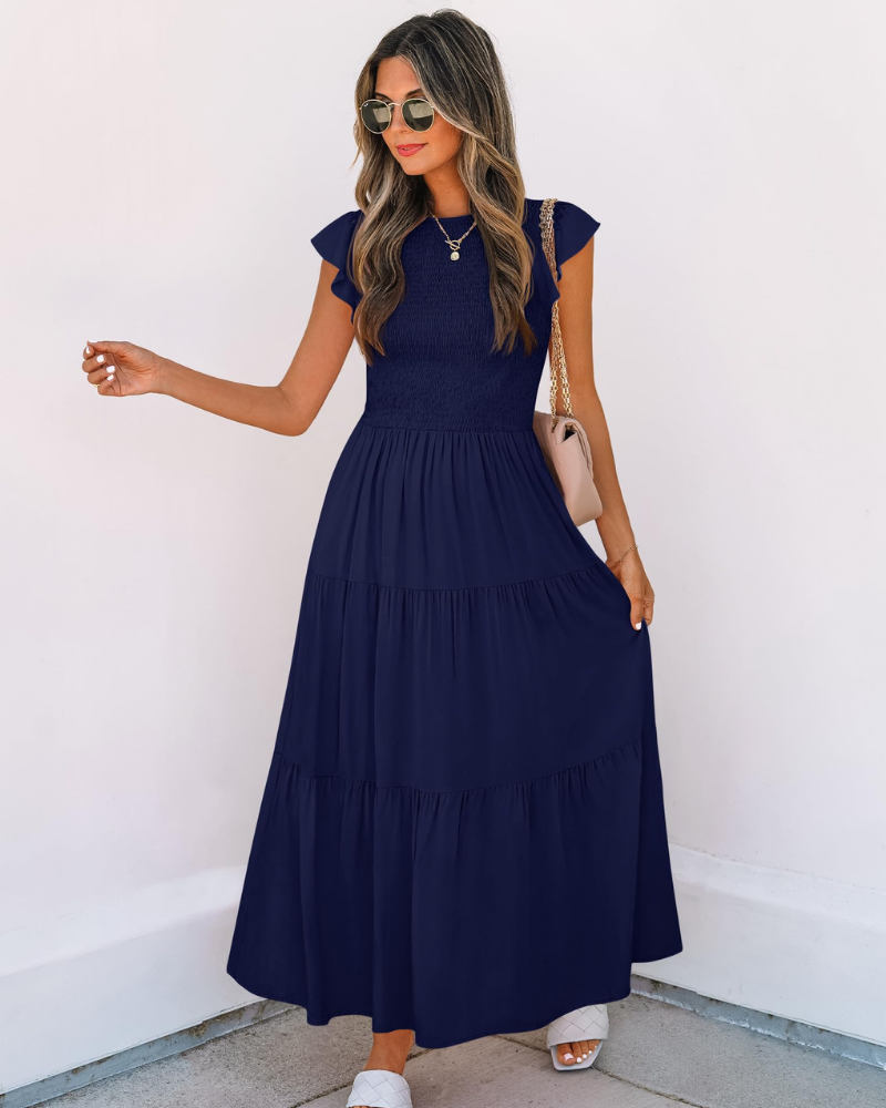 Grace Abito Mujer – Vestido Midi Cottagecore con Busto Fruncido, Mangas Volantes y Falda con Volantes