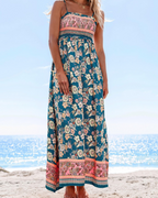 Isolde Robe Maxi Femme Florale – Corsage Smocké, Bretelles Réglables et Volants