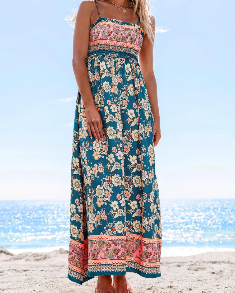 Isolde Robe Maxi Femme Florale – Corsage Smocké, Bretelles Réglables et Volants