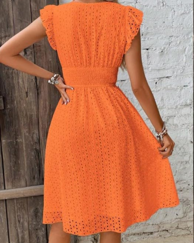 Imogen Sommerkleid für Damen im Boho-Stil – V-Ausschnitt, Volantärmel und Lochstickerei