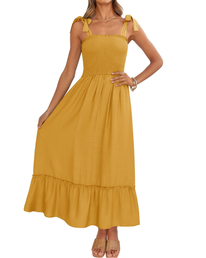 Robe Femme Amelia – Robe Bohème Florale avec Bretelles Nouées, Buste Smocké et Jupe à Volants