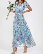 Vestido maxi de mujer Lucinda de gasa – floral, escote en V y mangas con volantes
