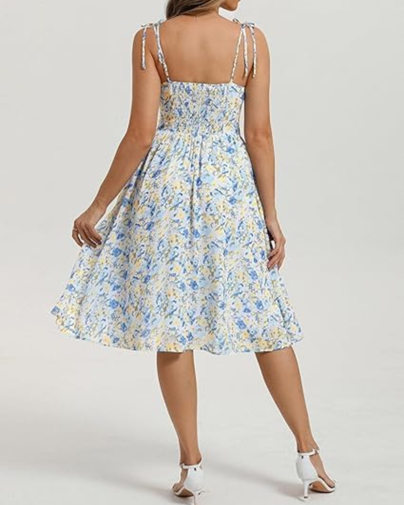 Rosamund Abito Midi Femme Vintage – Col Carré, Nœuds et Poches Latérales